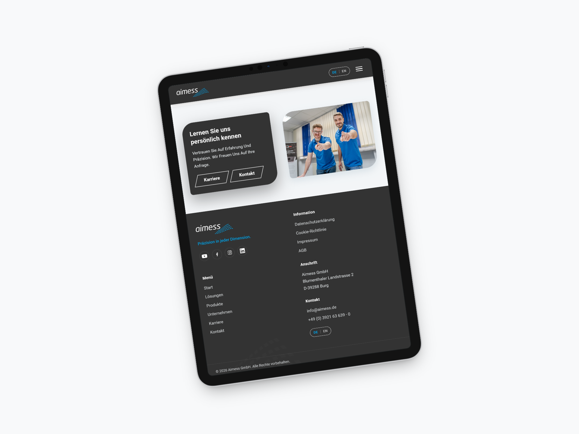 Eine Produktseite der neuen aimess-Website auf einem iPad Pro